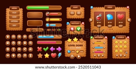 Cookie cracker game interface. Ui game elements, including cartoon windows, options, settings plates, progress bars and gui icons. User panels, boards, sliders, keys, buttons and user interface menus