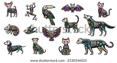 Day of the Dead Mexican animal skeleton tattoo of bones and flowers ornament, vector icons. Dia De Los Muertos Mexican holiday tattoo animals, cat and dog with wolf or bat, panther and toucan bird