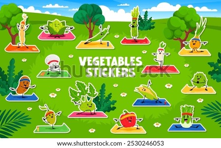 Cartoon vegetable characters on yoga fitness stickers pack. Vector bean pod, romanesco cabbage, asparagus and green pea. Champignon mushroom, daikon radish, onion performing outdoor sport exercises