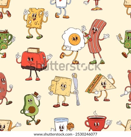 Groovy breakfast characters seamless pattern. Vector tile background with funny retro bacon, egg, toast, butter, sandwich, toaster and tea or coffee cups with cheese slice showing cheerful expressions