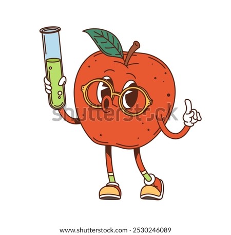 Groovy red apple character in eyeglasses and flask. Cartoon vector ripe fruit food personage with a vintage, retro y2k, hippie school vibe teaching chemistry lesson for kids, gives off a funky mood