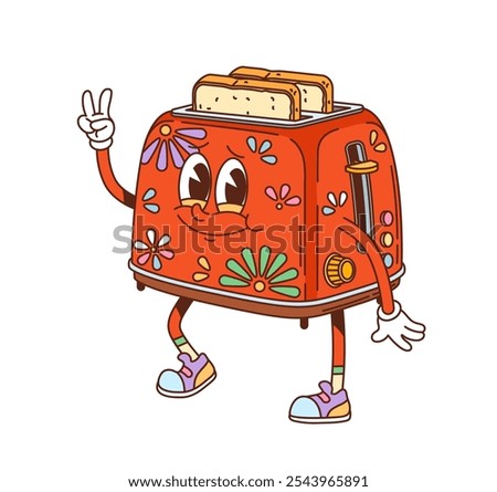 Groovy toaster character with smiling face, peace sign and fried toast slice popping out. Cartoon vector red retro toaster with floral pattern. Nostalgic kitchen appliance personage cooking breakfast