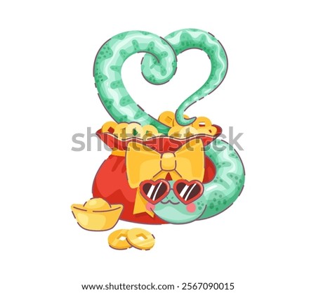 Cartoon valentines day Asian snake forms heart shape above red money sack filled with gold coins and ingots, adorned with a yellow bow. Vector playful Chinese reptile in heart sunglasses radiates fun