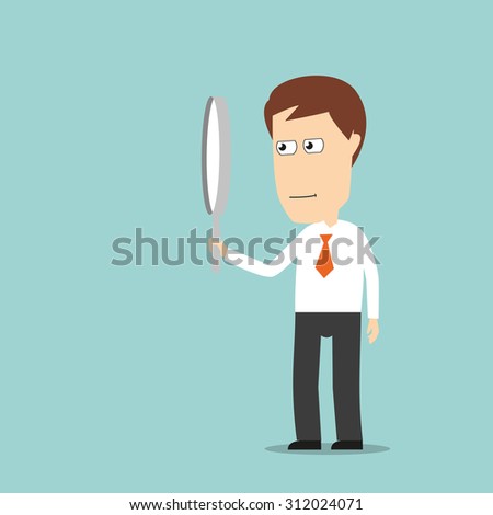 Serious businessman looking through magnifying glass, for research or exploration concept. Cartoon flat style