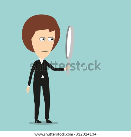 Strict business woman with magnifying glass, for inspection or search concept. Cartoon flat style 