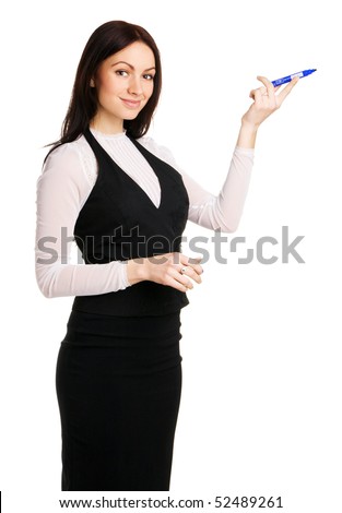 Cute businesswoman pointing aside with a marker, white background