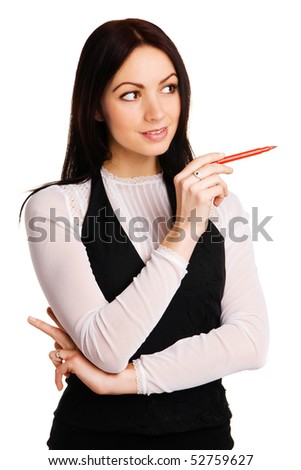 Cute businesswoman pointing aside with a marker, white background