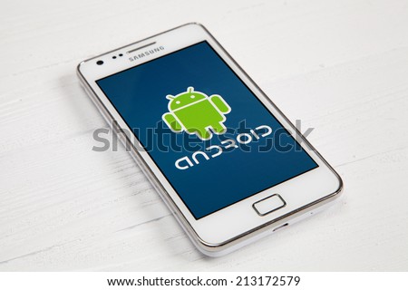 WROCLAW, POLAND - AUGUST 26, 2014: Photo of a Samsung Galaxy S2 Android smartphone