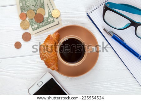 Coffee with croissant on a worktable