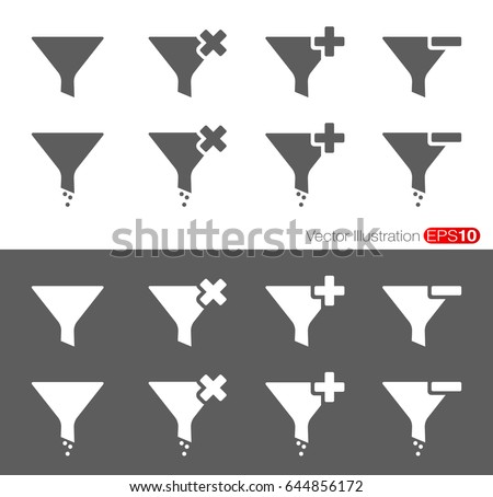 Filter icon set. Vector icons of funnel on white and dark-gray backgrounds