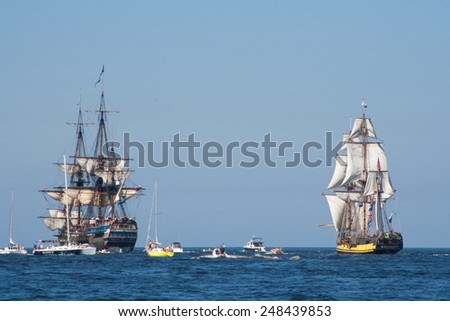 RIGA, LATVIA - JULY 29: Regatta The Tall Ships Races 2013. Sailing ships are leaving the river Daugava and come to the Baltic sea.