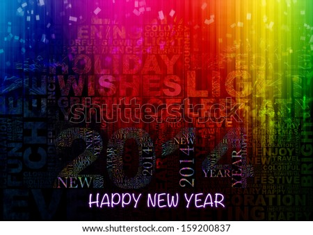 Happy New Year 2014 info-text clouds arrangement concept with fireworks and colorful as background