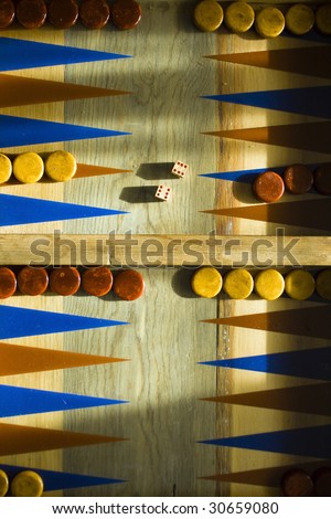 Backgammon Board with a pair of six\'s thrown on the dice.