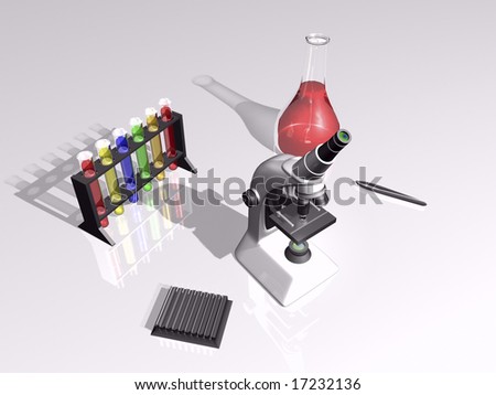 3D laboratory scene with microscope and test tubes