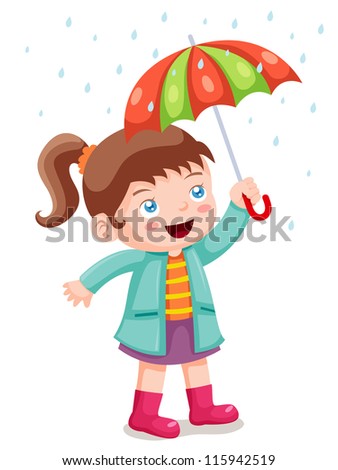 Illustration Of Girl In Raining With Umbrella - 115942519 : Shutterstock