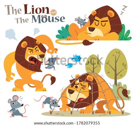 Vector Illustration of Cartoon The Lion and the Mouse. Fairy fable tale characters.