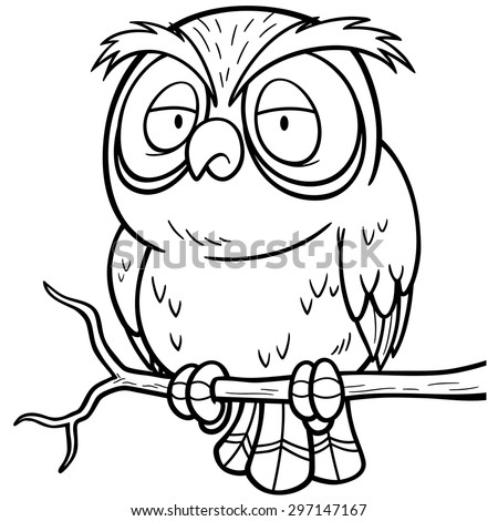 Vector Illustration Of Cartoon Owl Sitting On Tree Branch - Coloring ...