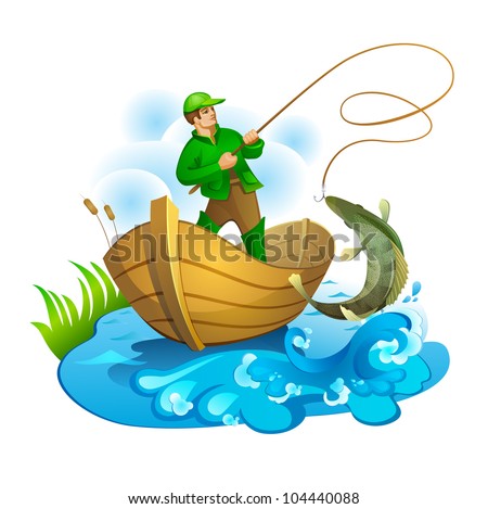 Fisherman In A Boat Pulling A Fish Stock Photo 104440088 : Shutterstock