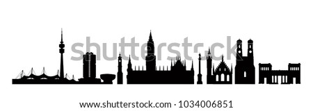 Munich city, Germany. Landmark buildings silhouette set. Travel Bavaria background. German city famous place icons