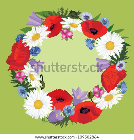 Flower border with copy space. Floral frame with meadow flowers poppy and chamomile. Flower bouquet isolated.