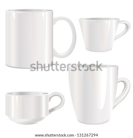White cup vector set. Mug collection isolated on white.