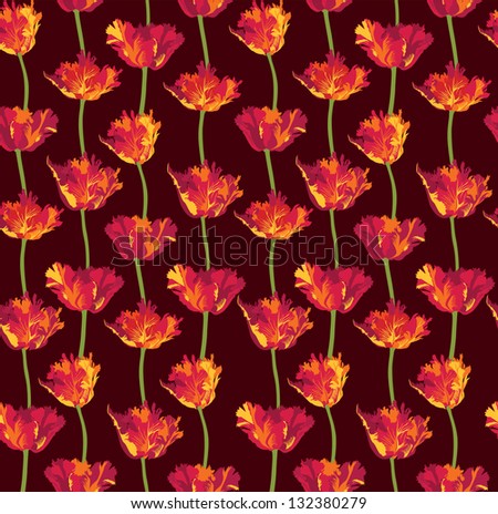 Floral seamless pattern with red flowers tulips. Flourish background.