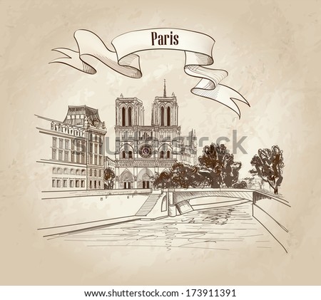 Notre Dame de Paris Cathedral. Cityscape old-fashioned background with Seine river, bridge and garden. Paris, Ile de la Cite. France.
