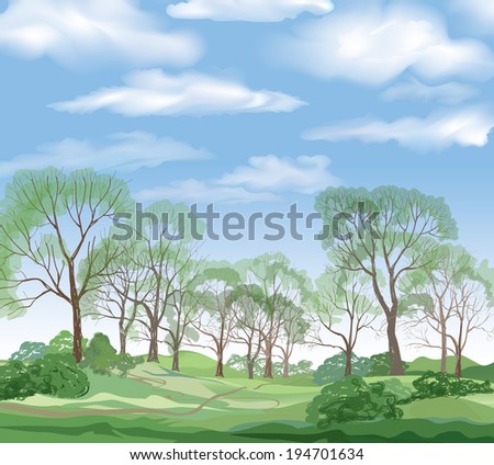 Landscape background. Summer trees. Green forest and blue sky with clouds.