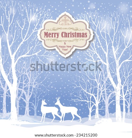 Christmas background. Snow winter landscape with deers.  Retro Merry Christmas greeting card.