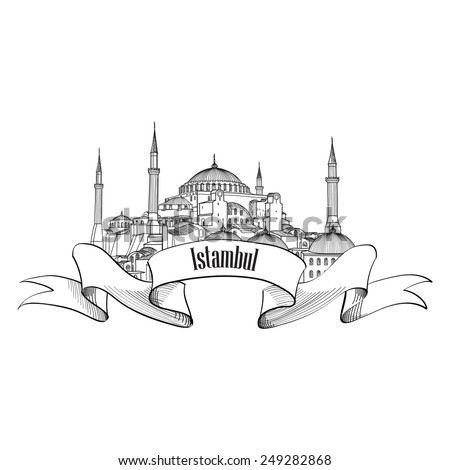 Istanbul landmark label. Travel Turkey symbol. Famous Hagia Sophia