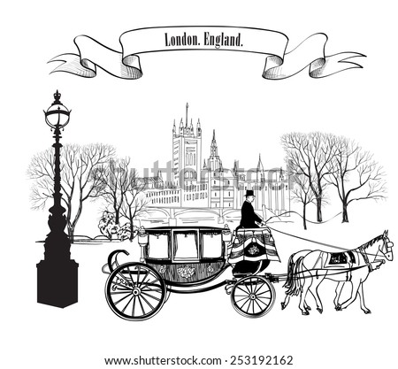 Old city street. Cityscape: buildings, trees, carriage. London city. England, UK. Travel card