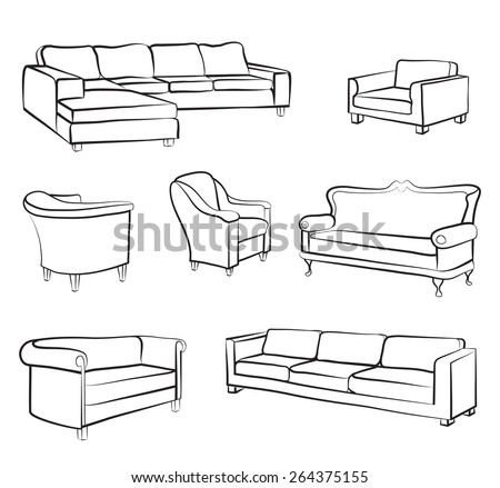 Furniture set. Interior detail outline collection: bed, sofa, settee, armchair.