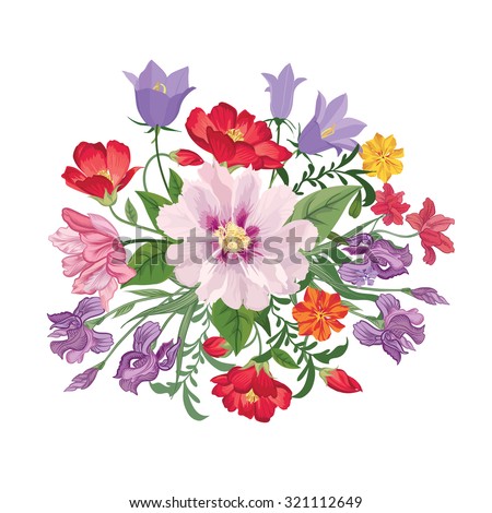 Flower bouquet. Floral frame. Flourish greeting card. Blooming flowers isolated on white background