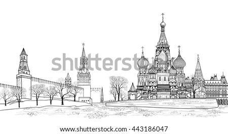 Red square view, Moscow, Russia.  Travel Russia vector illustration. Russian famous place. Kremlin city view from Moscow river. St Basil cathedral, towers and wall cityscape