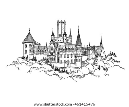 Famous German Castle Landscape. Travel Germany Background. Castle building on the hill skyline etching. Hand drawn sketch vector illustration.