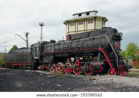 Moscow, Russia - May 17 2014: LV-0283 steam locomotive on old railway station Podmoskovnaya. Side view.