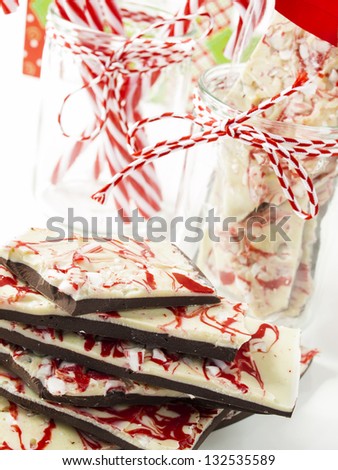 Traditional Christmas Chocolate Peppermint Bark sprinkled with peppermint candies.