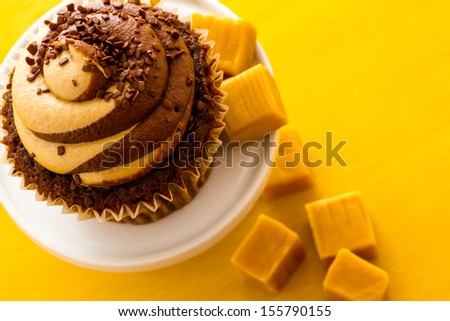 Gourmet chocolate caramel swirl cupcake with chocolate sprikles.