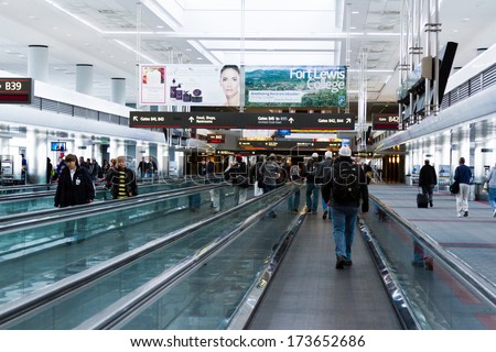 Denver, Colorado-March 29, 2013: Moving sidewalks in Denver International Airport.