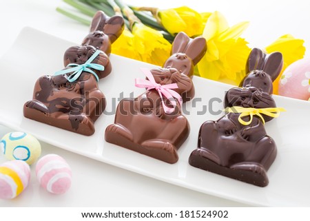 Easter chocolate bunnies made from solid milk and dark chocolate.