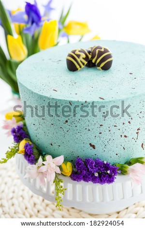 Easter Robins egg cake with chocolate speckles and egg truffles.
