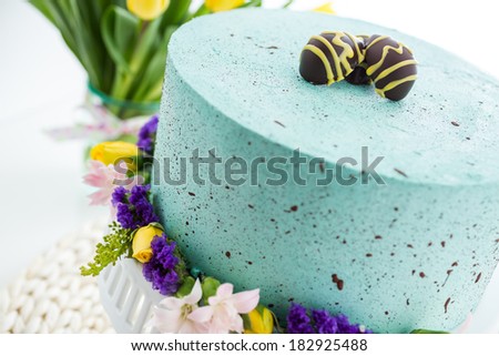 Easter Robins egg cake with chocolate speckles and egg truffles.
