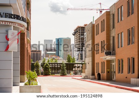 Denver, Colorado/ USA-26 May, 2014:Row of contemporary townhomes at Riverside development.