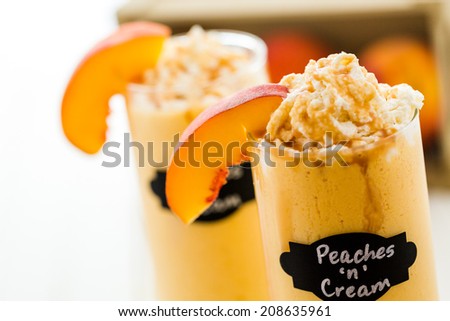 Gourmet cold Peaches and cream chocolate drink garnished with caramel.