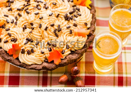 Chocolate beer and wine pairings. White Chocolate Salted Caramel Pumpkin Cream Pie with beer for Thanksgiving.