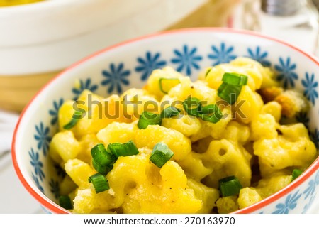 Baked macaroni and cheese with bead rumbs and garnished with chives.