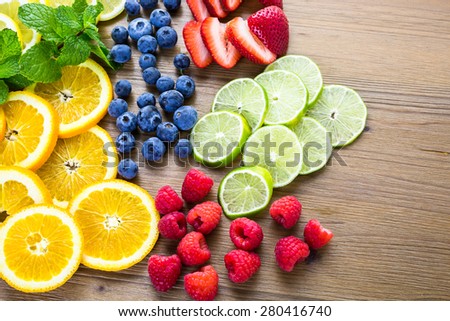 Sliced fresh organic fruits prepared to make infused water.