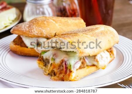 Meatball sandwich on the plate in Italian restaurant.