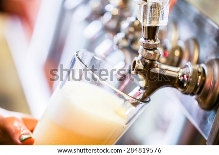 Bartender pouring draft beer in the bar.