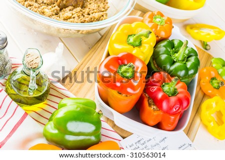 Low calorie stuffed peppers with ground turkey and white rice.